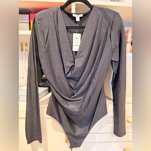 Bari Draped Long-Sleeve Bodysuit in Shiny Black - Brand New with Tags